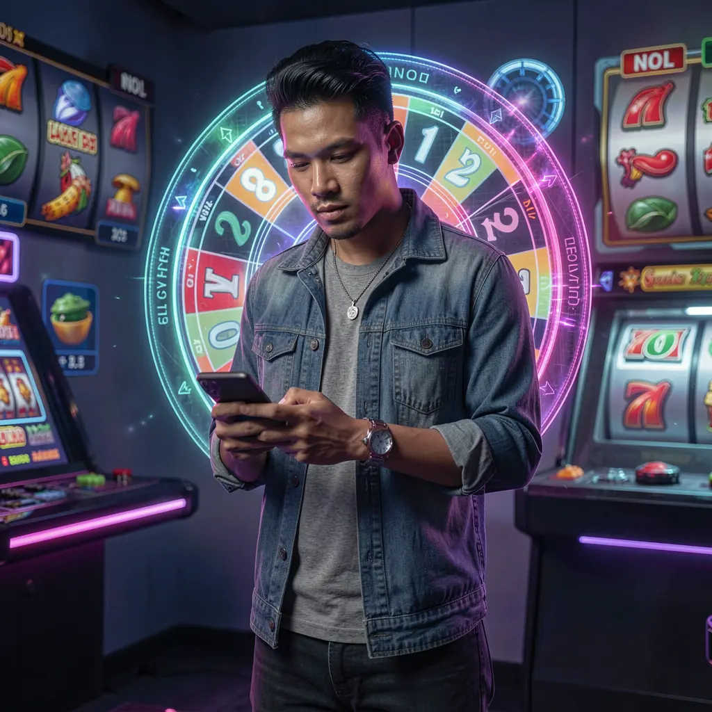 FFVIP88 App – Enjoy fast and immersive casino gaming on your mobile device Stylish Filipino man using the FFVIP88 casino app with a glowing roulette wheel and slot symbols creating a modern mobile gaming atmosphere