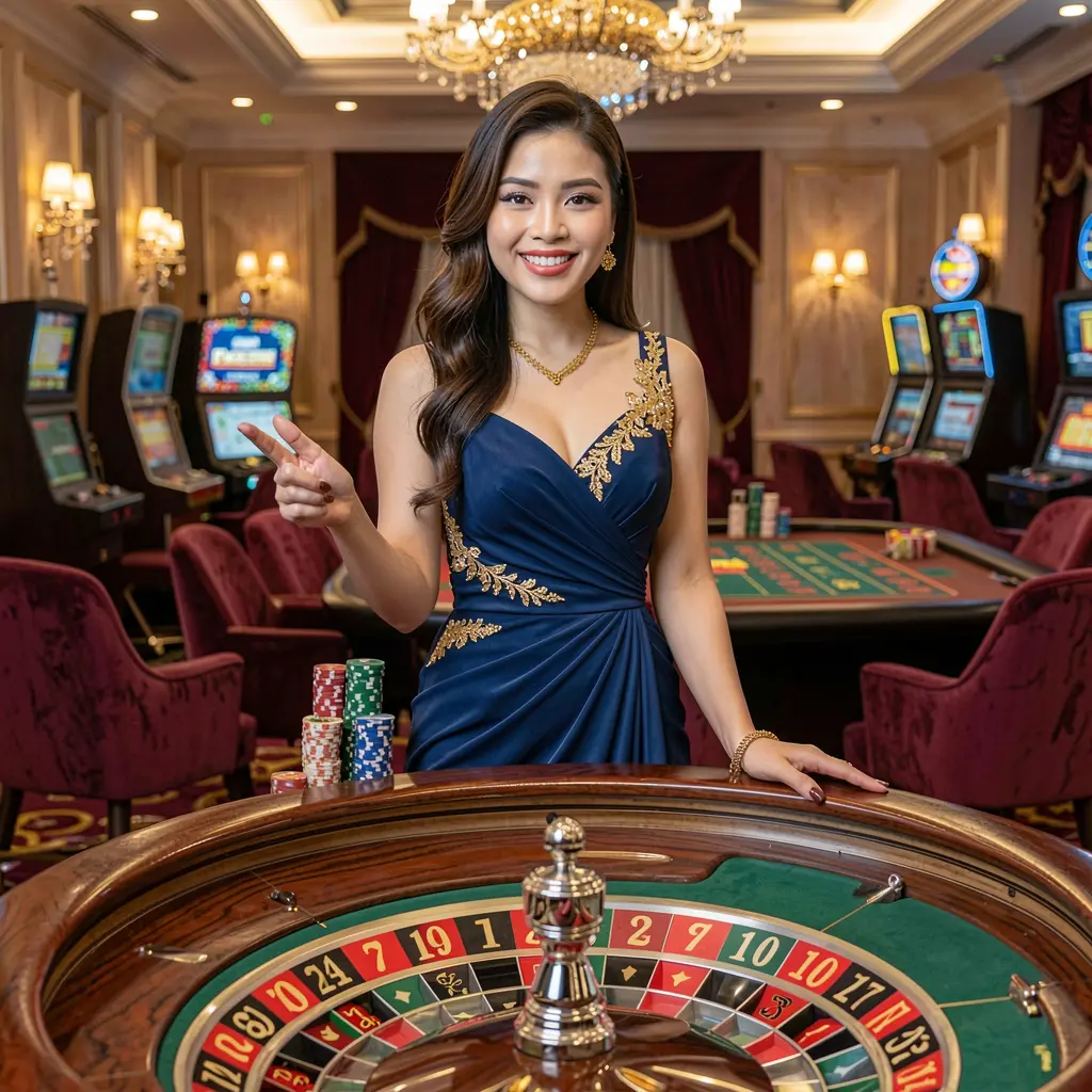 Smiling casino hostess in an elegant red dress welcoming players at a roulette table in a luxury casino setting at FFVIP88 Philippines