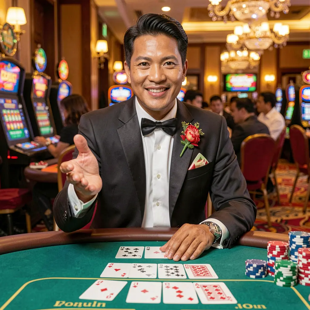 Smiling Filipino casino host welcoming players at a vibrant gaming table with cards and chips inside the FFVIP88 live casino environment